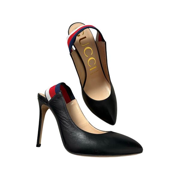 Gucci Sylvie Web & Leather Slingback Pump size 37.5 - Picture 1 of 10